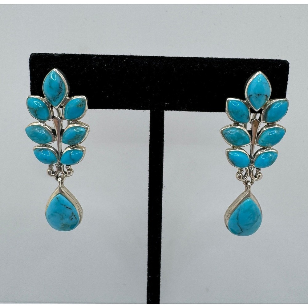 SX 925 Sterling Silver Turquoise Leaf Drop Omega Back Earrings Thailand